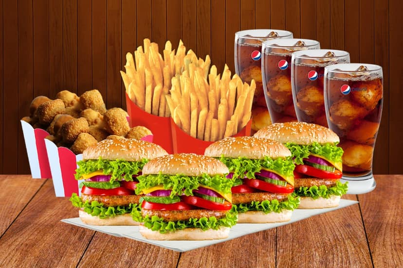 4 chicken burger+2 fries+2 chicken popcorn+2 pepsi