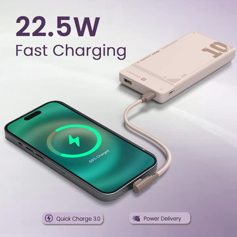 Portronics Luxcell Uno 10K 10000 mAh 22.5W Fast Charging Power Bank with Detachable Type C Cable, Ultra Slim Power Bank with Mach USB-A Output, Type C PD Output, Type C Input, Wake Up Button view 3