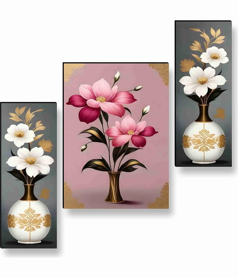 SAF Golden Vase Floral Wall Art – 3 Panel Classic White Flower Painting with Pink & Grey Background for Hall & Elegant Décor 12 Inch x 20 Inch