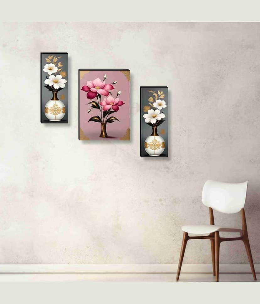 SAF Golden Vase Floral Wall Art – 3 Panel Classic White Flower Painting with Pink & Grey Background for Hall & Elegant Décor 12 Inch x 20 Inch view 2