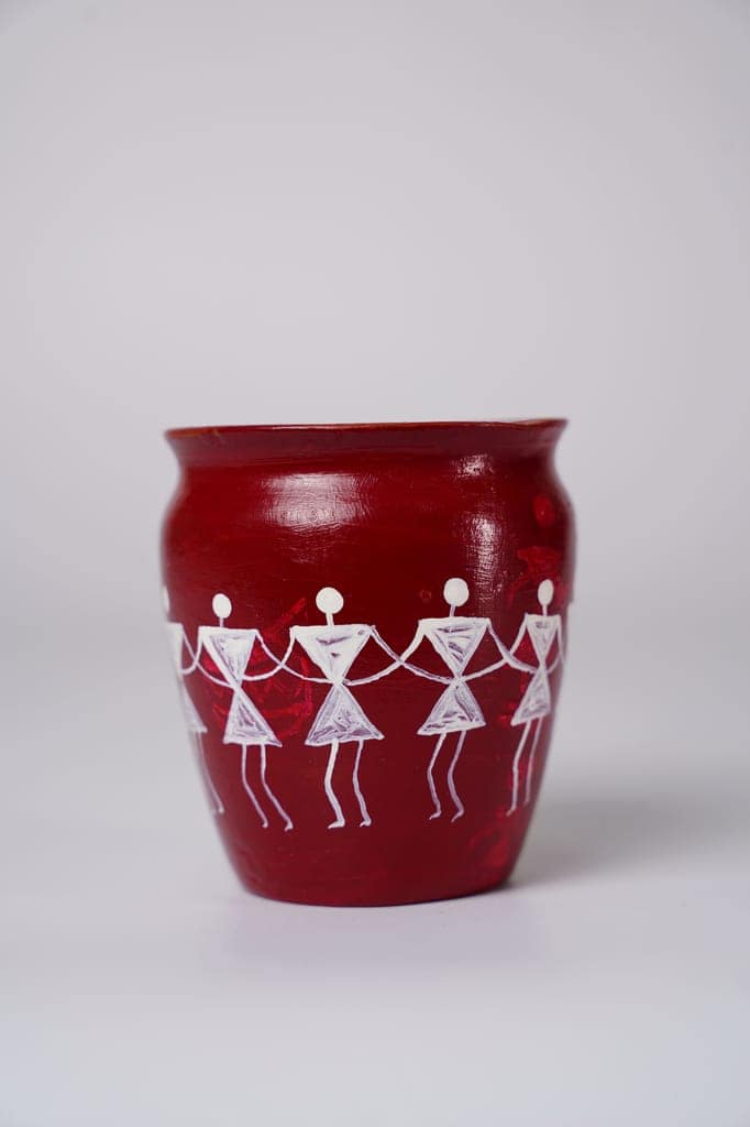 Hand-Painted Terracotta Pot with Traditional Warli Art view 2