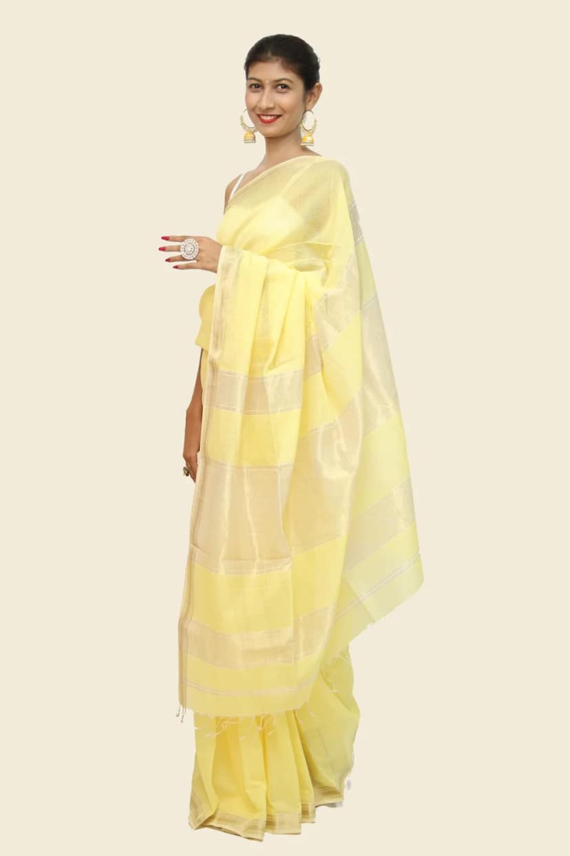 Imperial Yellow Checkerd Cotton handloom Saree with Tassels
