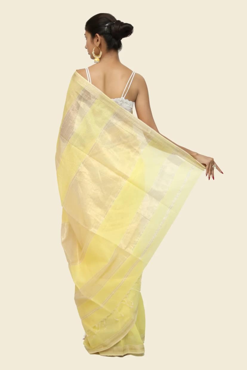 Imperial Yellow Checkerd Cotton handloom Saree with Tassels view 4