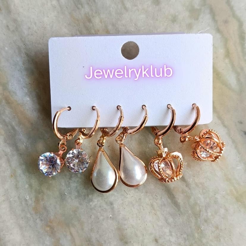 Jewelryklub Combo Of 3 Pairs Rose Gold Plated Zircon Studded AD Earrings For Girls Women Design 6 view 3