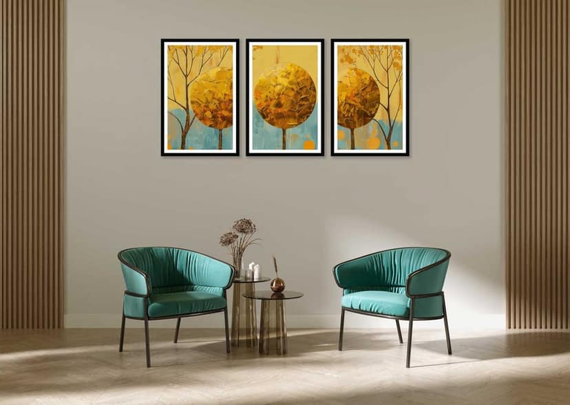 BLOMMING GOLDEN 3 PIECE PAINTINGS 48in X 24in WITH BLACK FRAME