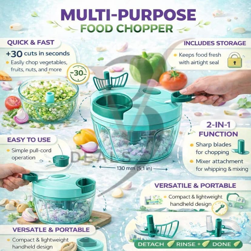 V3Deals Manual Food Chopper, Turquoise, 2-in-1 Multi-Purpose Pull Cord Vegetable Chopper with Storage Lid, 130mm (450ml) view 2