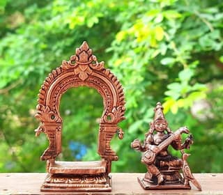 Searchers Paradise - Copper Idols Saraswathi with Prabhavalli, 3.3 inches, Copper Handmade146 Grams, Patina Antique Finish, Pack of 1 Piece