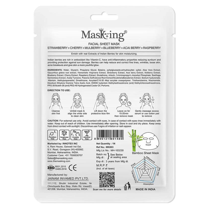 MasKing Bamboo Facial Sheet Mask of Strawberry, Cherry, Mulberry, Blueberry, Acai Berry & Raspberry for Skin Moisturizing Ideal for Women & Men, 20ml each (Pack of 4) view 3