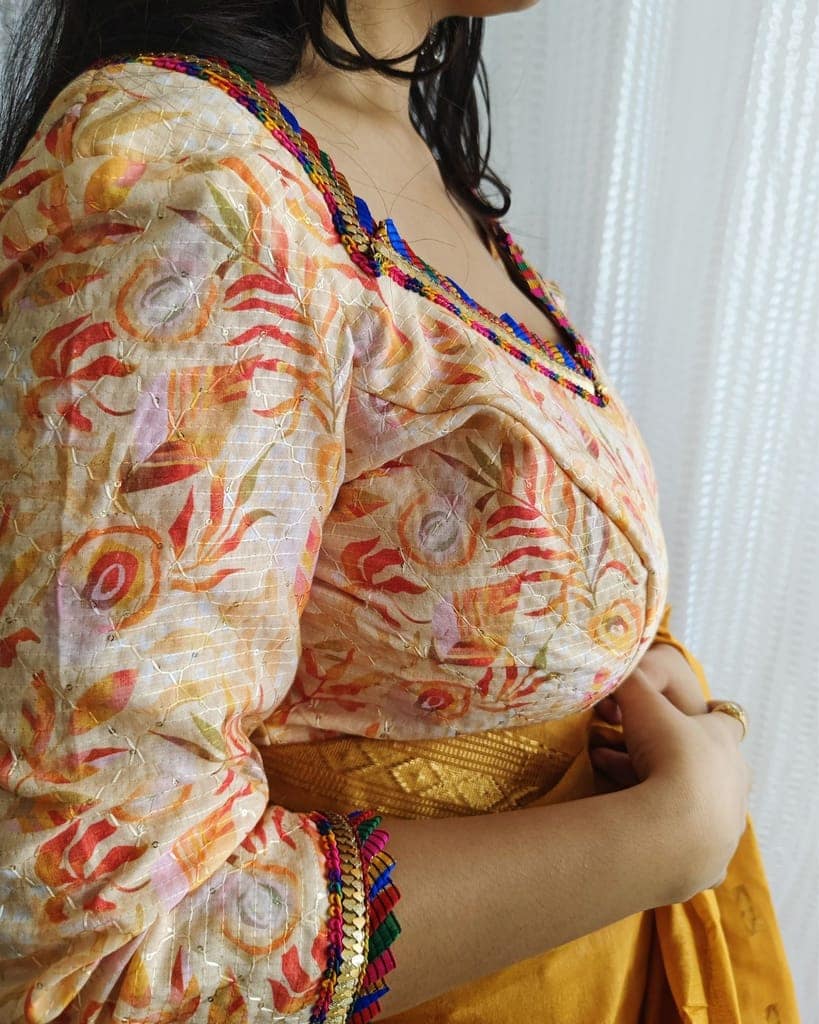 Crepe Silk Stitched Blouse Peach Color Floral Print-7978 view 3