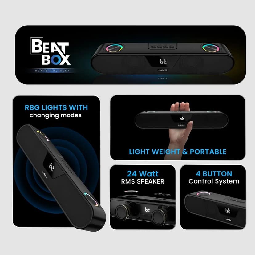 Hammer BeatBox 24W Output Bluetooth Soundbar With RGB Lights and Upto 8 Hours Playtime view 8