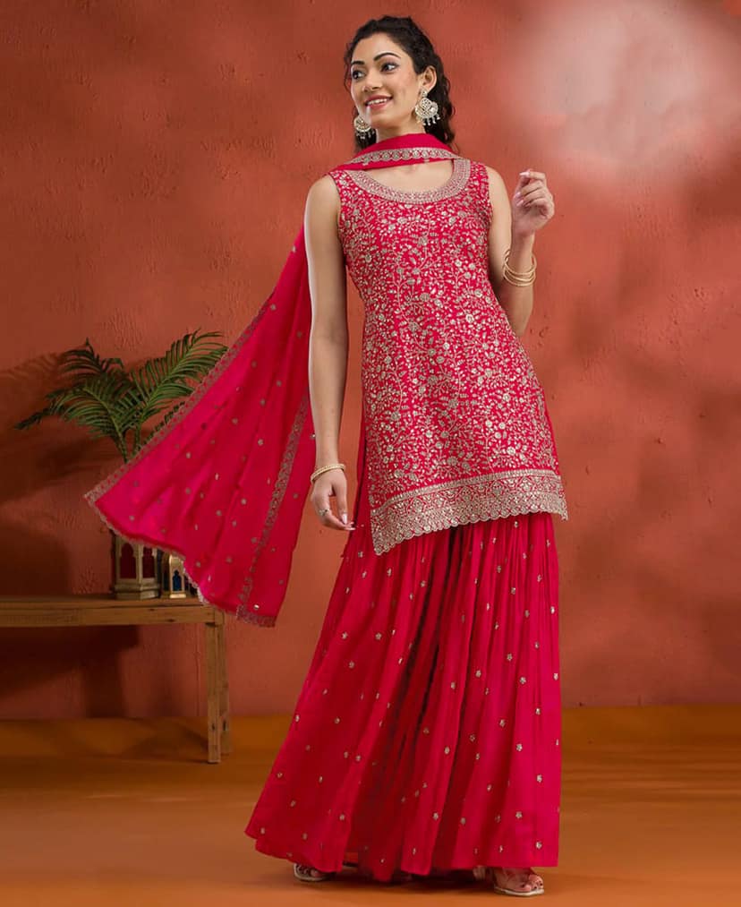 Designer Red Georgette Sharara Suit for Women