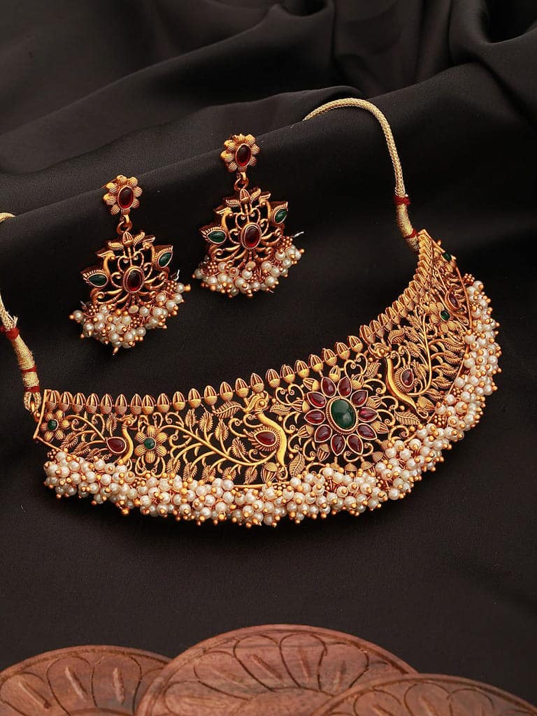 Gold Plated Red Kempo & Pearl Beaded Temple Choker Necklace Set view 2