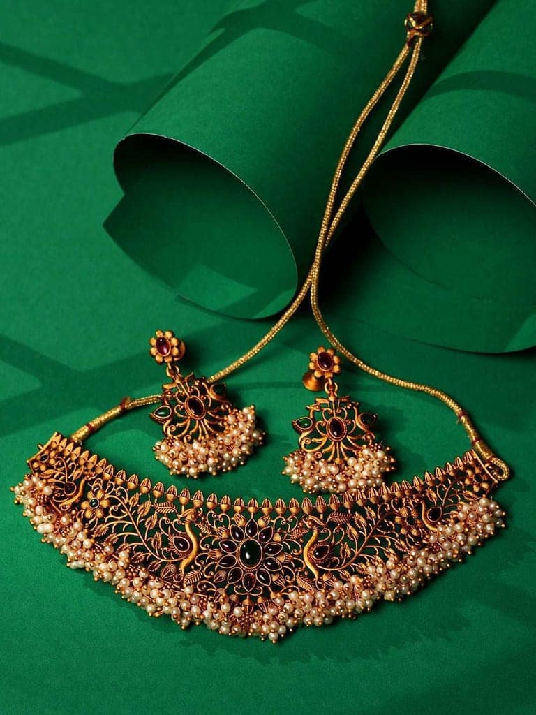Gold Plated Red Kempo & Pearl Beaded Temple Choker Necklace Set view 3