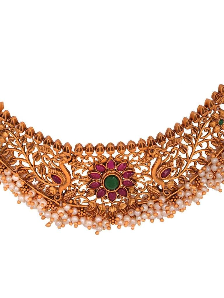 Gold Plated Red Kempo & Pearl Beaded Temple Choker Necklace Set view 5