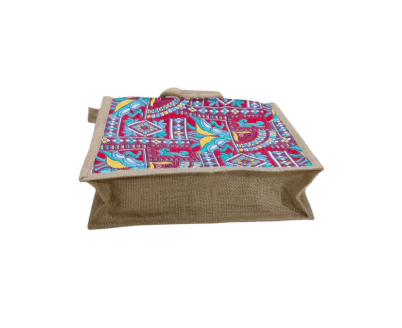 Stylish and Eco-Friendly Jute Tote Bag with Colorful Geometric Patterns view 2