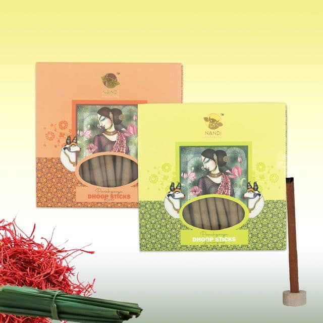 Nandi Panchgavya 100 Percent Cow Dung Dhoop Sticks for Pooja with Stand (Kesar & Lemongrass Fragrance-100 Sticks)