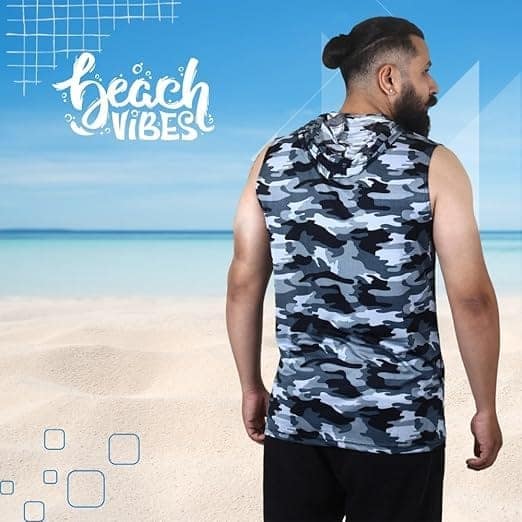 Men's Grey Camouflage Sleeveless Hoodie with Drawstring view 4