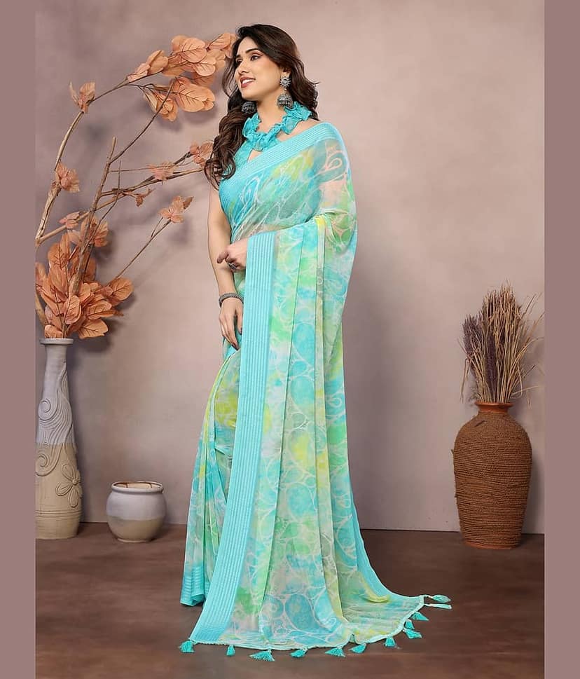 VEDANT VASTRAM Georgette Printed Saree With Unstitched Blouse Piece ( Pink ) view 2