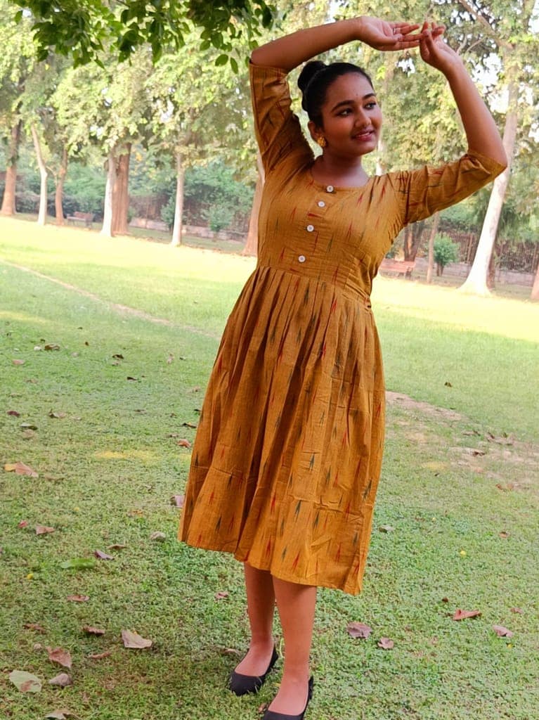 Pure Cotton Ikkat Dress Mustard Colour (Size XXS(32) to Plus Size(56))-8675 view 3