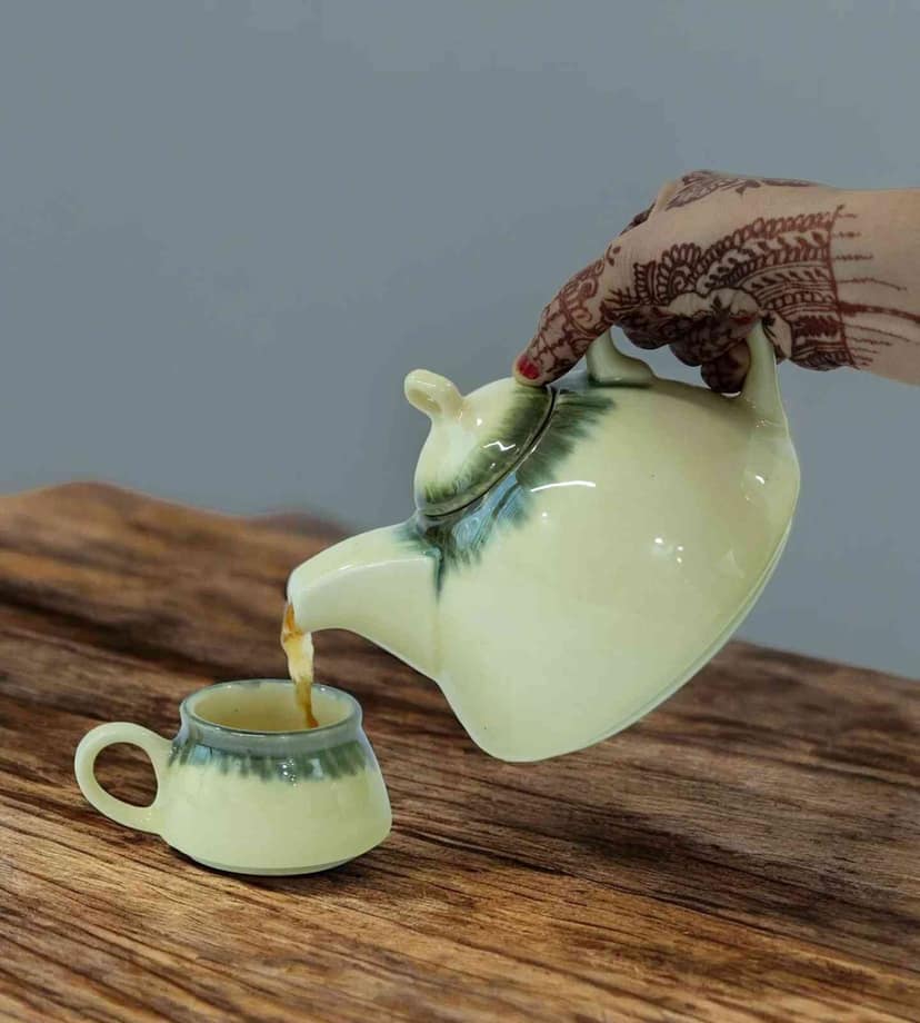 Glossy Ceramic Yellow & Green Textured Kettle Set of Cups - Pack of 7 view 2