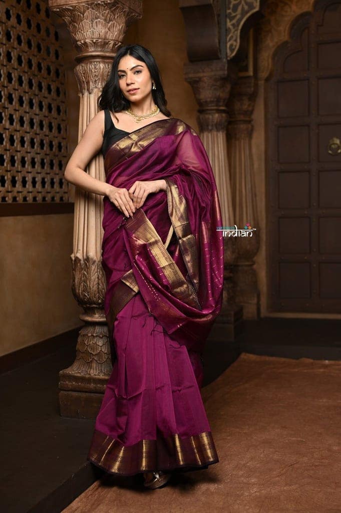 Parampara ~ Handloom Cotton Silk Saree with Golden Border in Exclusive Dark Maroon view 2