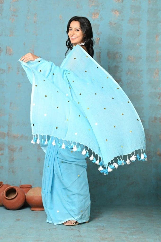 Tyohaar ~ Pure Mul Cotton Handloom Saree - Sky Blue view 2
