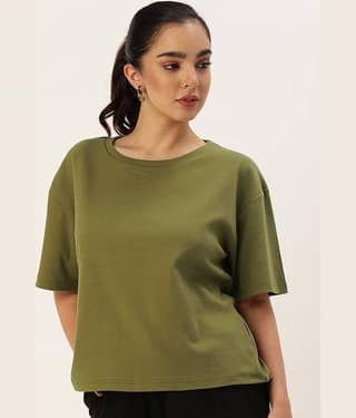 Bene Kleed Women Cotton Solid Oversized Fit Round Neck T-Shirt ( Green )