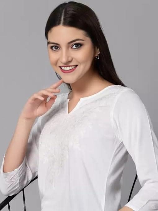 Women’s Chikankari Faux Georgette White Cotton Short Shirt Style Kurta view 4