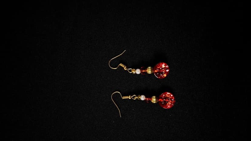 Red Button Earrings with Gold Accents view 2