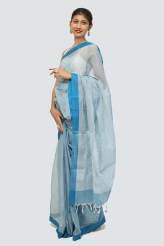 Trendy Cotton Checkerd handloom Saree with Tassels – Blue