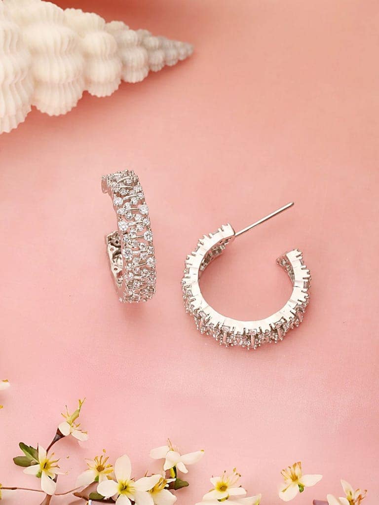 Silver Plated Zircon Studded Minimal Half C Hoops Earrings view 3