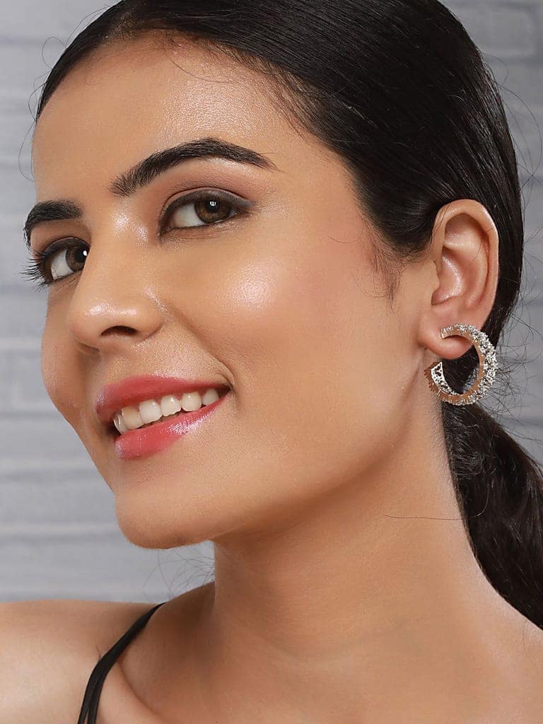 Silver Plated Zircon Studded Minimal Half C Hoops Earrings view 4
