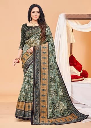 Digital Printed Chanderi Cotton Saree in Olive Green