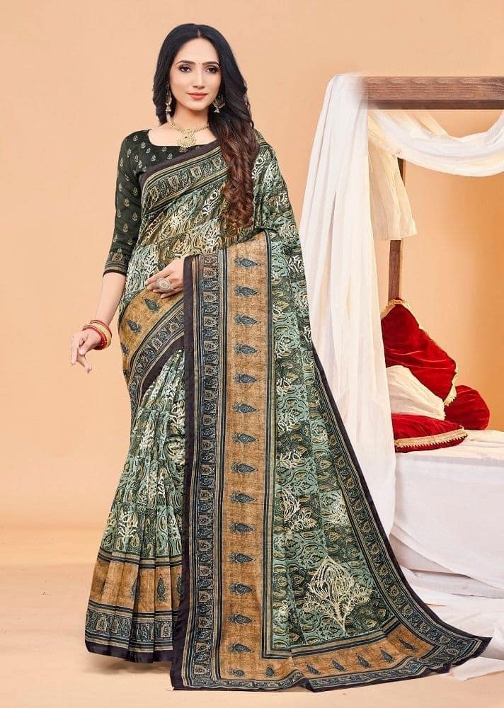 Digital Printed Chanderi Cotton Saree in Olive Green