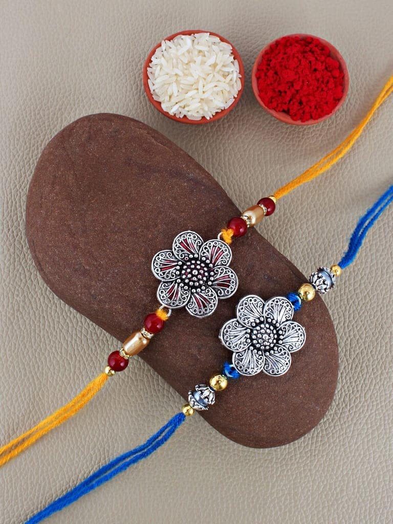 Lucky Jewellery Designer Oxidised Silver Meena Floral Rakhi - Rakshabandhan Rakhee Bracelet for Brother/Bhaiya/Bhai/Bhabhi - Pack of 2 (108-CHR1-1967-S-2) view 2