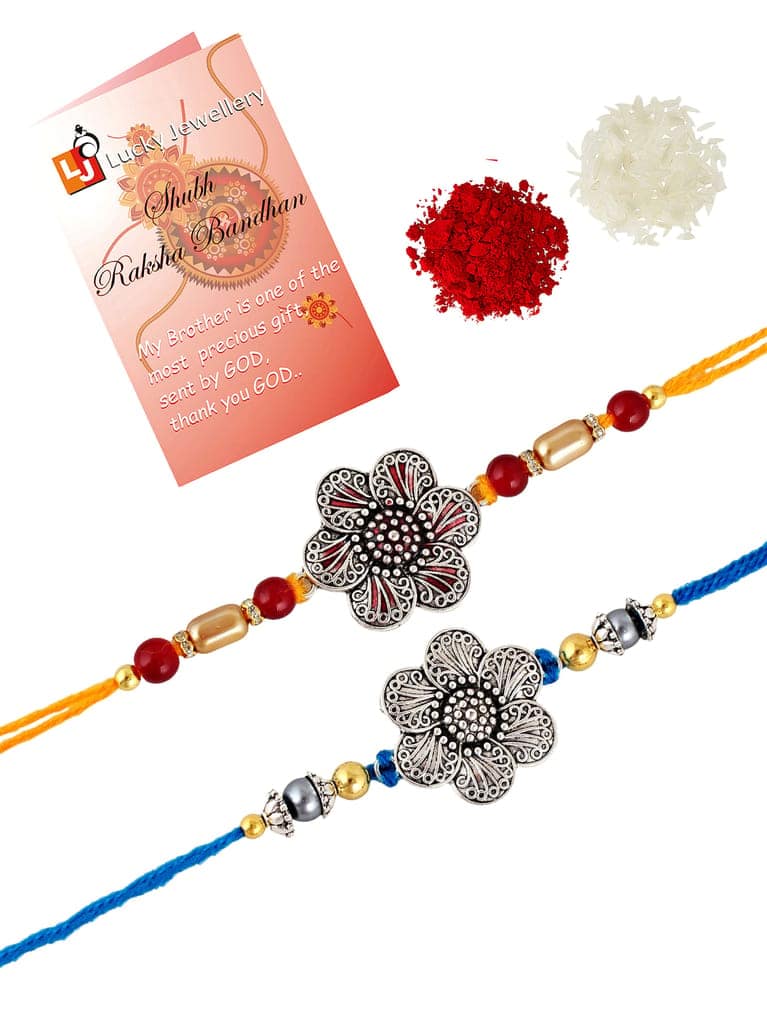 Lucky Jewellery Designer Oxidised Silver Meena Floral Rakhi - Rakshabandhan Rakhee Bracelet for Brother/Bhaiya/Bhai/Bhabhi - Pack of 2 (108-CHR1-1967-S-2) view 3