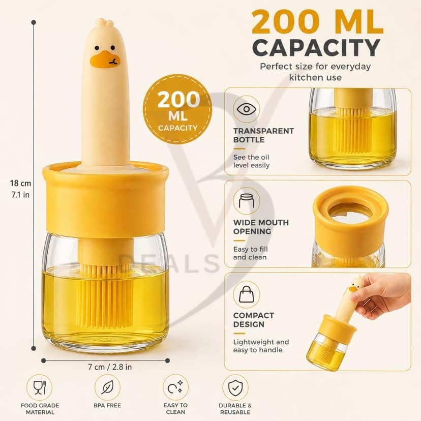 V3Deals Plastic Oil Dispenser Bottle with Silicone Brush | 200ML Leakproof Jar Design, Transparent Jar, Cooking & Baking, BBQ Use, Versatile Container view 2