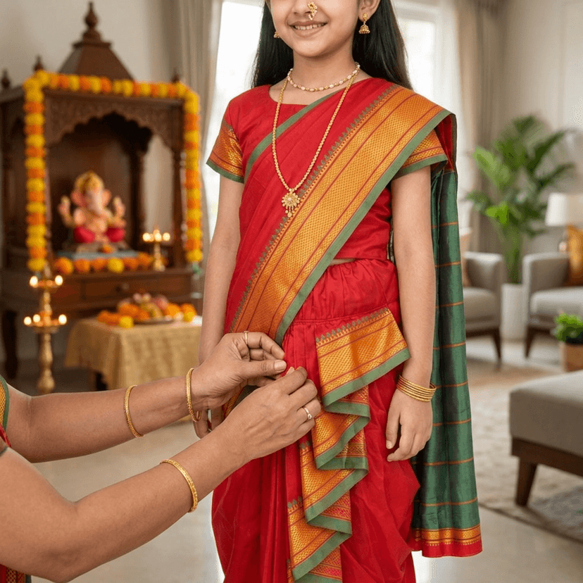 luster Shahi Mastani Nauvari saree for kids/girls Ready-to-wear with a stitched blouse, Traditional Maharashtrian Marathi saree, for School program ganpati pujas festival (Red, 12-13 Years) view 3