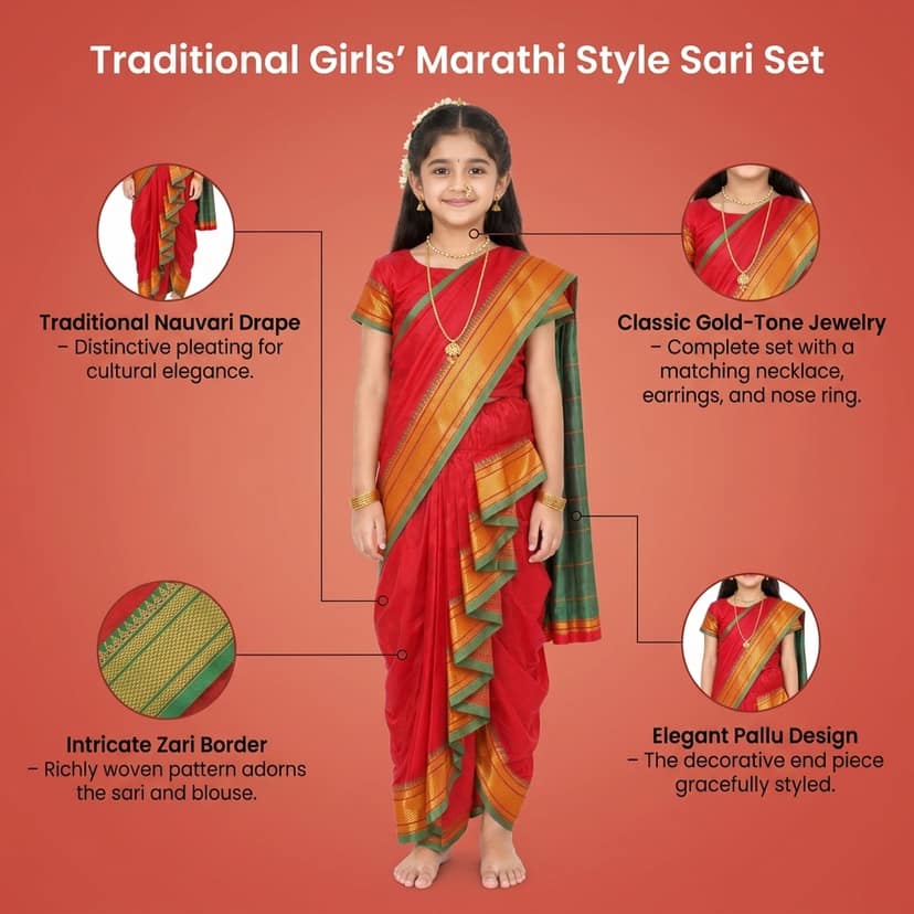 luster Shahi Mastani Nauvari saree for kids/girls Ready-to-wear with a stitched blouse, Traditional Maharashtrian Marathi saree, for School program ganpati pujas festival (Red, 12-13 Years) view 4