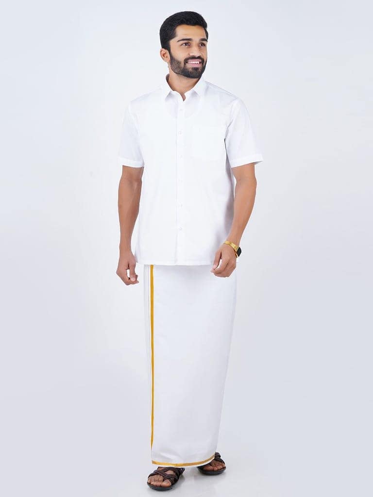 Mens Cotton White Shirt Bit with 1/2" Gold Jari Dhoti Combo Oscar view 2