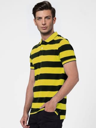 Men Yellow and Black thick Stripes regular fit Polo T-Shirt