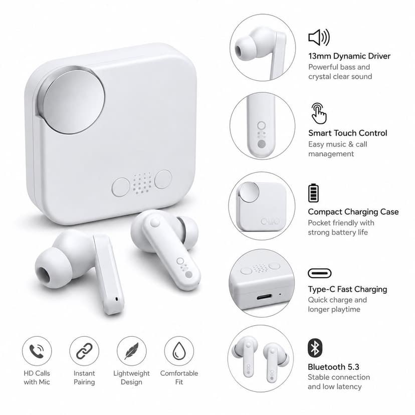 Premium Wireless Bluetooth 5.3 Earbuds with Touch Control, HD Calling Mic, Deep Bass, Type-C Fast Charging Case, Low Latency TWS Earphones for Music, Calls & Gaming (White) view 3