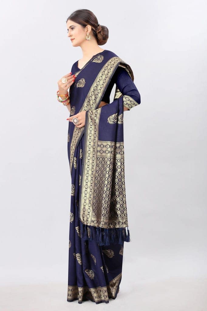 Blue-GoldTonedBanarasiSilkWovenDesignSaree view 2