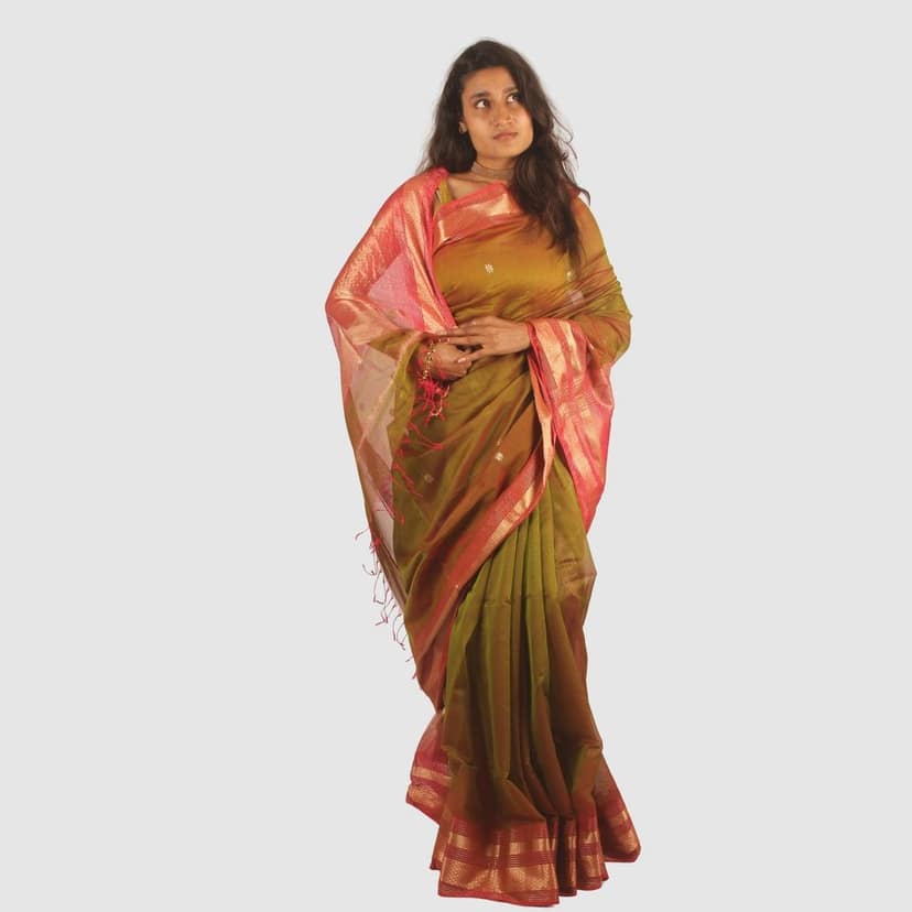 Authentic Maheshwari Cotton Silk Handloom Saree with Unstitched Blouse Olive Green view 2