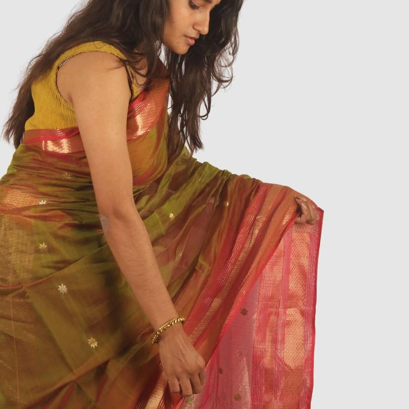 Authentic Maheshwari Cotton Silk Handloom Saree with Unstitched Blouse Olive Green view 3