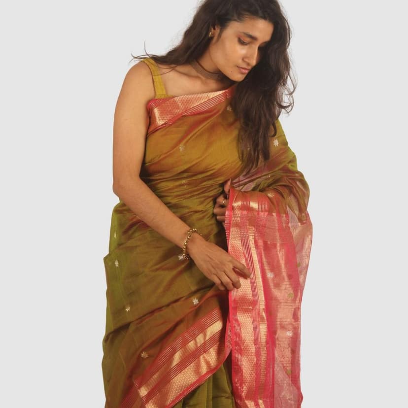 Authentic Maheshwari Cotton Silk Handloom Saree with Unstitched Blouse Olive Green view 4