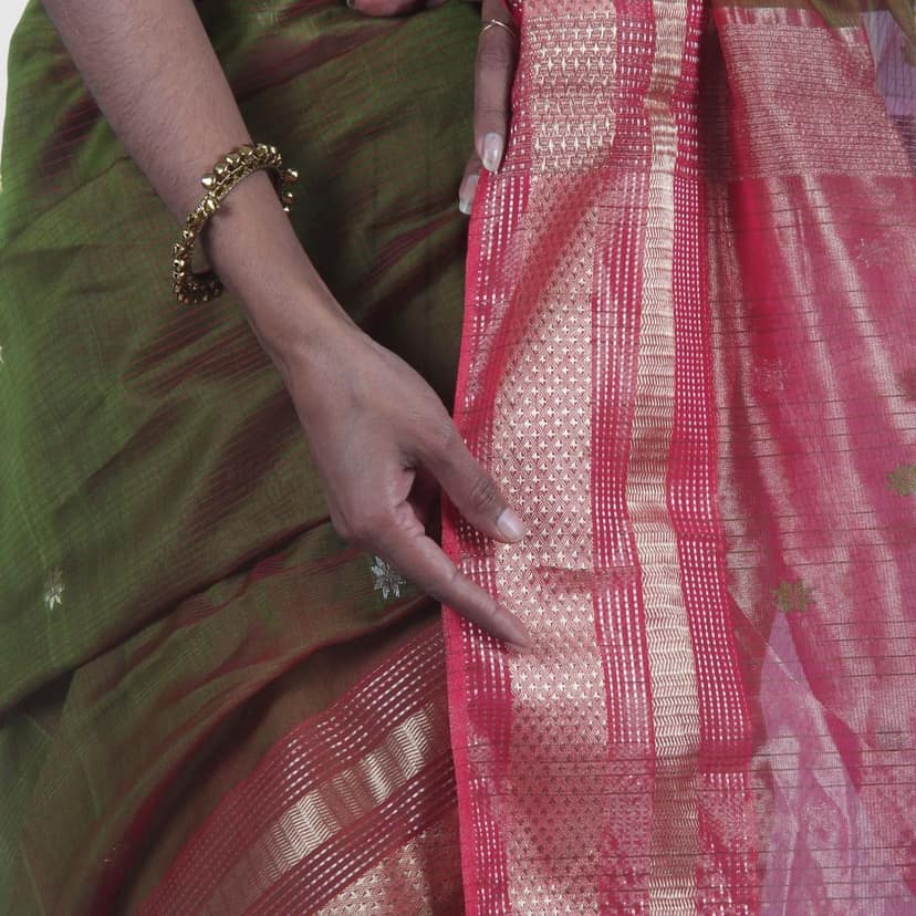 Authentic Maheshwari Cotton Silk Handloom Saree with Unstitched Blouse Olive Green view 5