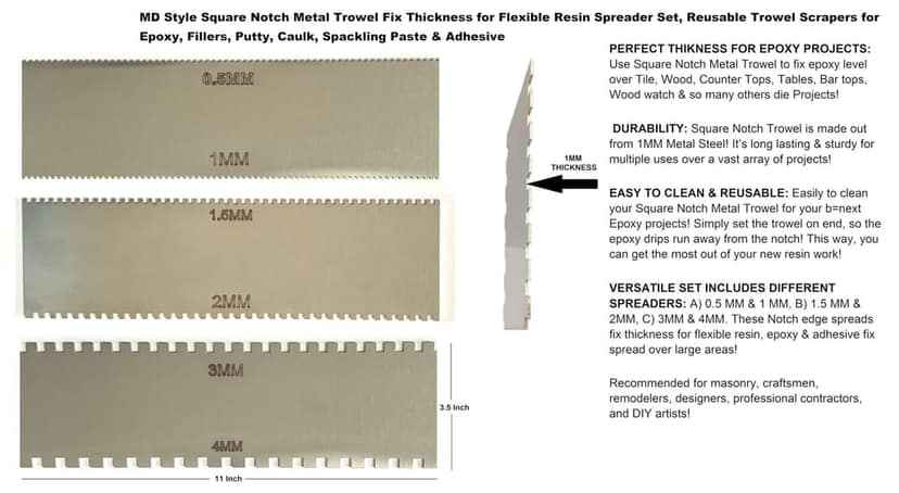 MD Style Square Notch Metal Trowel Fix Thickness for Flexible Resin Spreader Set, Reusable Trowel Scrapers for Epoxy, Fillers, Putty,Spackling Paste view 3