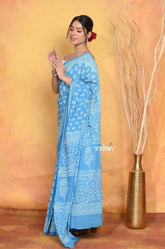 Mastaani ~ Handblock Printed Cotton Saree With Natural Dyes - Sky Blue view 2