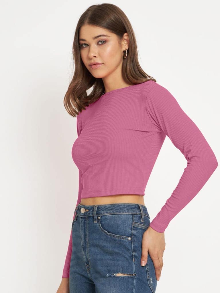 Women Dark Pink cropped Full Sleeve T shirts view 2